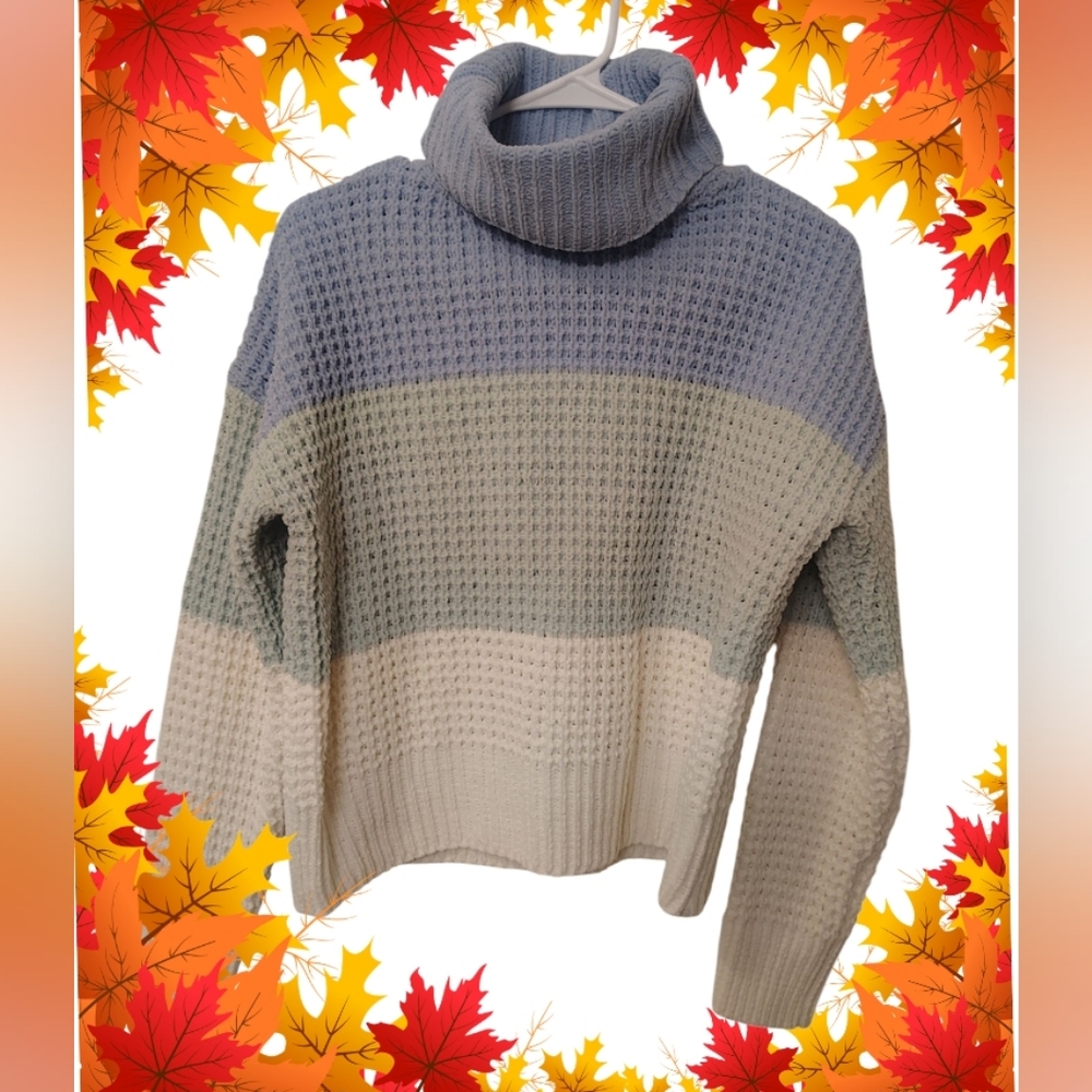 Hippie Rose Blue and Cream Colorblock Turtleneck Sweater